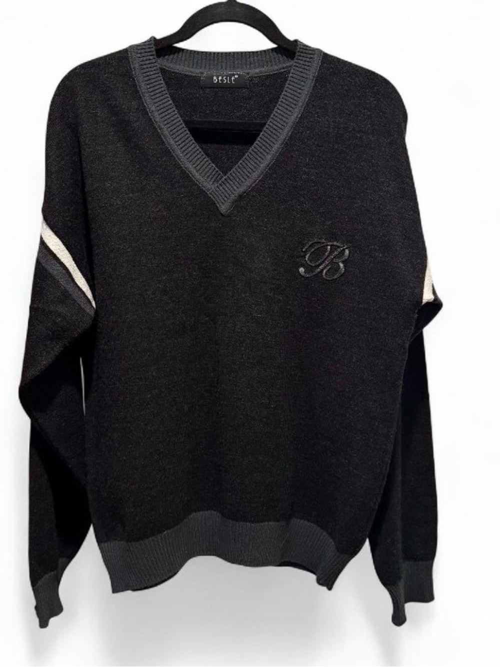 Besle Men's Black V-Neck Sweater with Contrast Stripe